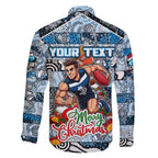 Custom Blues Rugby Merry Christmas Family Matching Off The Shoulder Long Sleeve Dress and Hawaiian Shirt Indigenous Australian Art