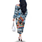 Custom Blues Rugby Merry Christmas Family Matching Off The Shoulder Long Sleeve Dress and Hawaiian Shirt Indigenous Australian Art