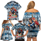 Custom Blues Rugby Merry Christmas Family Matching Off Shoulder Short Dress and Hawaiian Shirt Indigenous Australian Art