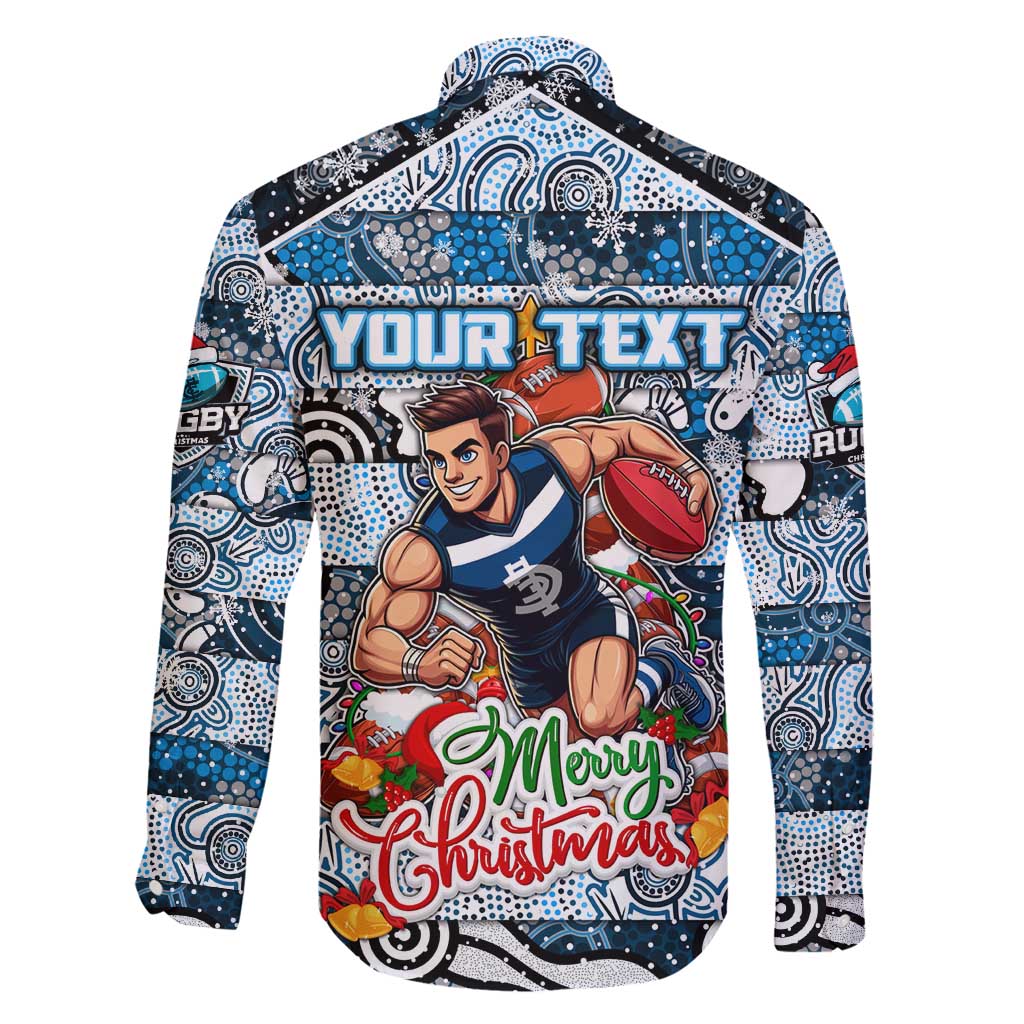 Custom Blues Rugby Merry Christmas Family Matching Off Shoulder Short Dress and Hawaiian Shirt Indigenous Australian Art