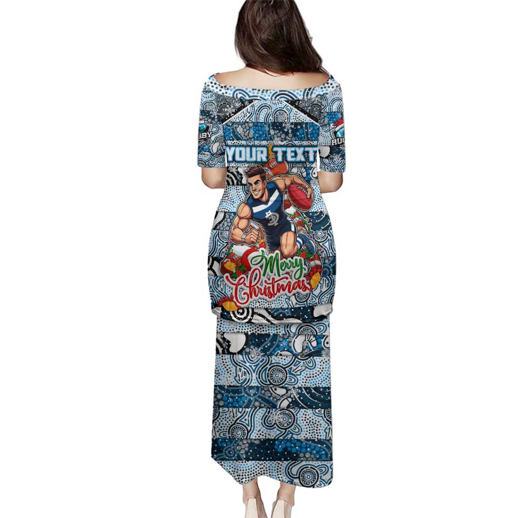 Custom Blues Rugby Merry Christmas Family Matching Puletasi and Hawaiian Shirt Indigenous Australian Art