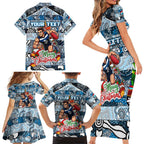 Custom Blues Rugby Merry Christmas Family Matching Short Sleeve Bodycon Dress and Hawaiian Shirt Indigenous Australian Art