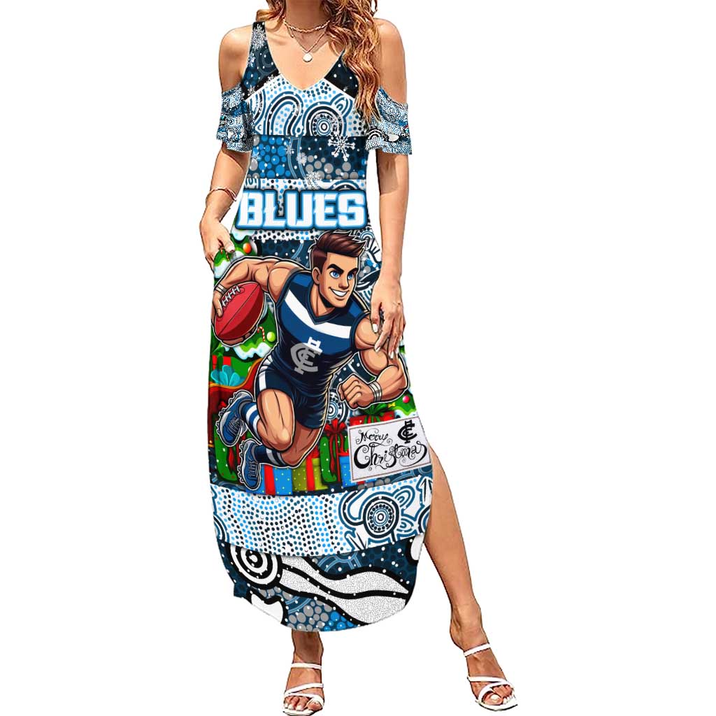 Custom Blues Rugby Merry Christmas Family Matching Summer Maxi Dress and Hawaiian Shirt Indigenous Australian Art