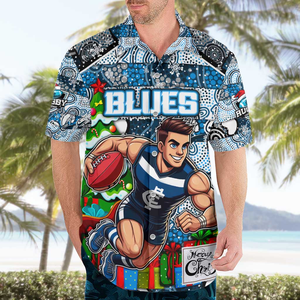 Custom Blues Rugby Merry Christmas Hawaiian Shirt Indigenous Australian Art
