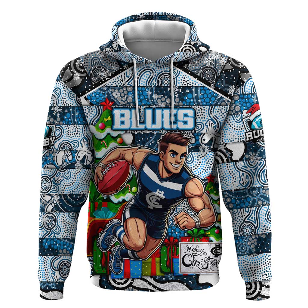 Custom Blues Rugby Merry Christmas Hoodie Indigenous Australian Art