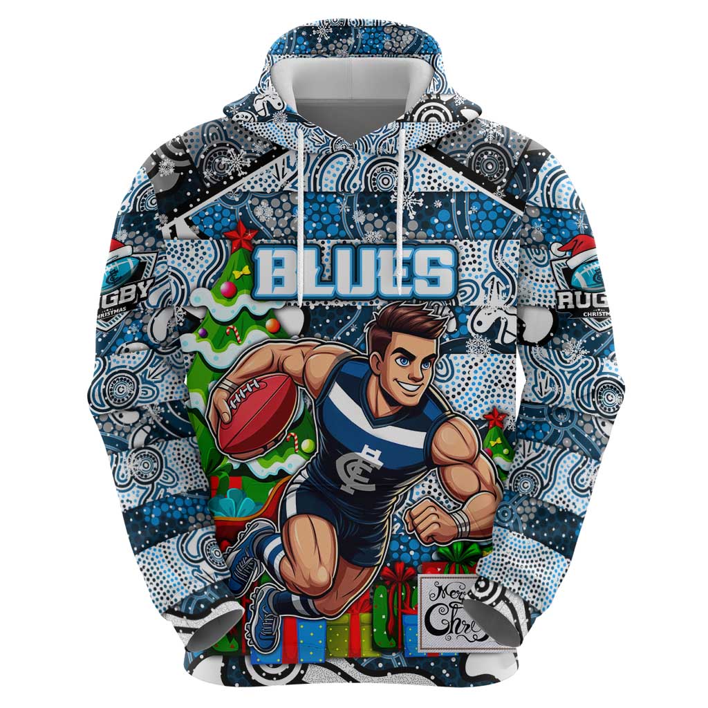 Custom Blues Rugby Merry Christmas Hoodie Indigenous Australian Art