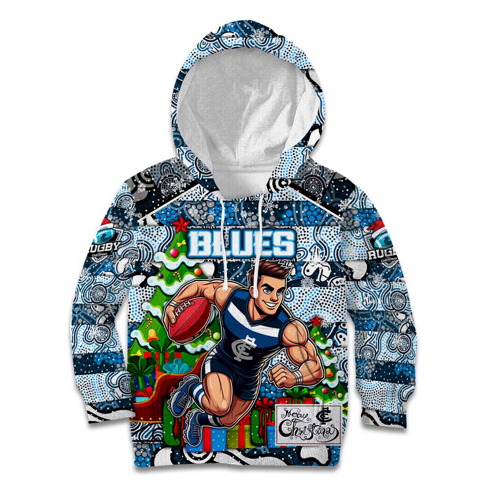 Custom Blues Rugby Merry Christmas Kid Hoodie Indigenous Australian Art