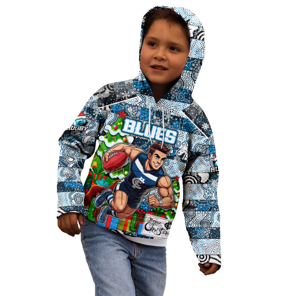 Custom Blues Rugby Merry Christmas Kid Hoodie Indigenous Australian Art