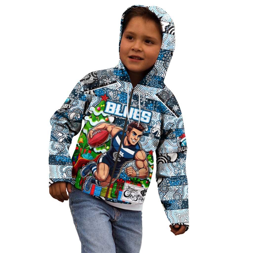 Custom Blues Rugby Merry Christmas Kid Hoodie Indigenous Australian Art