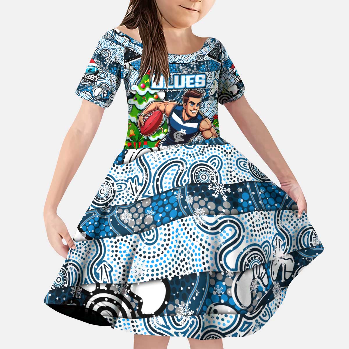 Custom Blues Rugby Merry Christmas Kid Short Sleeve Dress Indigenous Australian Art