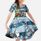 Custom Blues Rugby Merry Christmas Kid Short Sleeve Dress Indigenous Australian Art