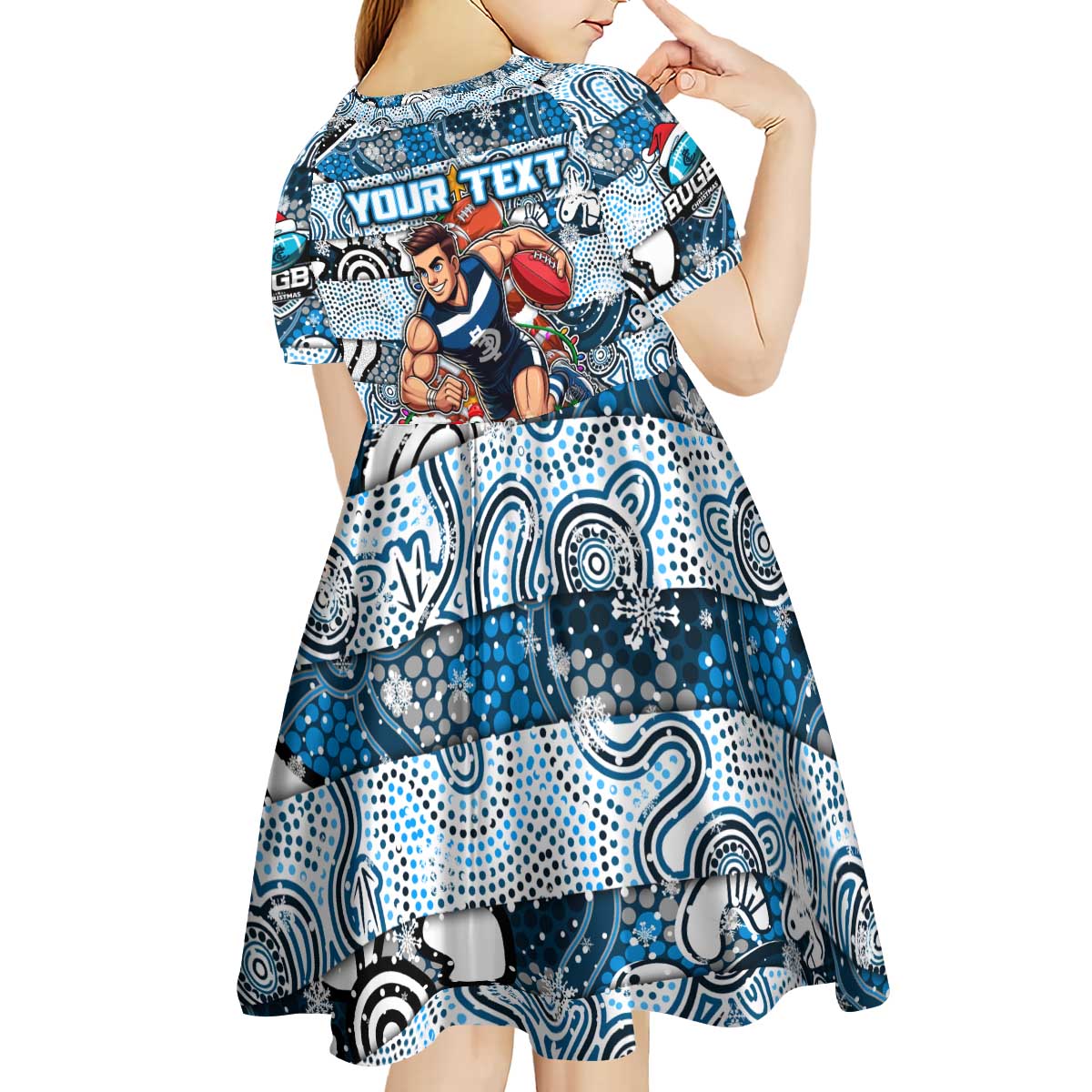 Custom Blues Rugby Merry Christmas Kid Short Sleeve Dress Indigenous Australian Art
