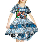 Custom Blues Rugby Merry Christmas Kid Short Sleeve Dress Indigenous Australian Art