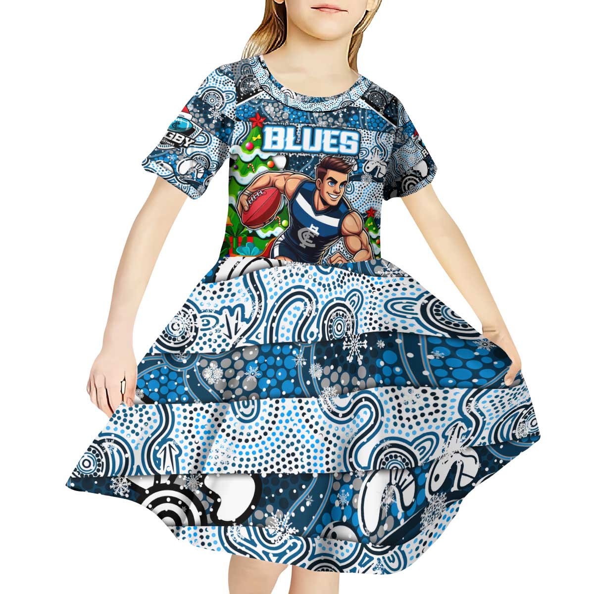 Custom Blues Rugby Merry Christmas Kid Short Sleeve Dress Indigenous Australian Art