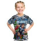 Custom Blues Rugby Merry Christmas Kid T Shirt Indigenous Australian Art