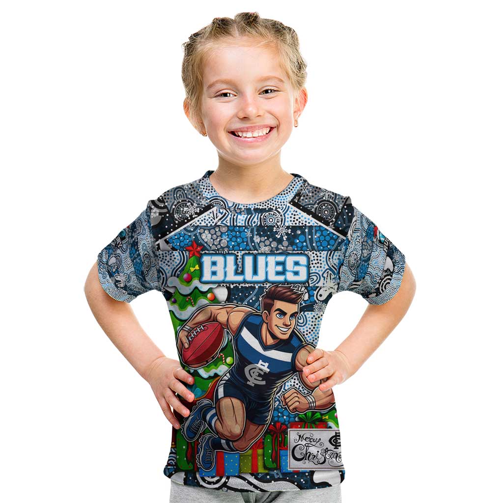 Custom Blues Rugby Merry Christmas Kid T Shirt Indigenous Australian Art