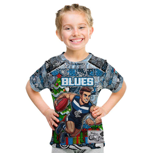 Custom Blues Rugby Merry Christmas Kid T Shirt Indigenous Australian Art