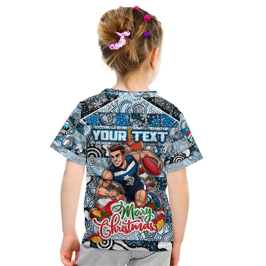 Custom Blues Rugby Merry Christmas Kid T Shirt Indigenous Australian Art