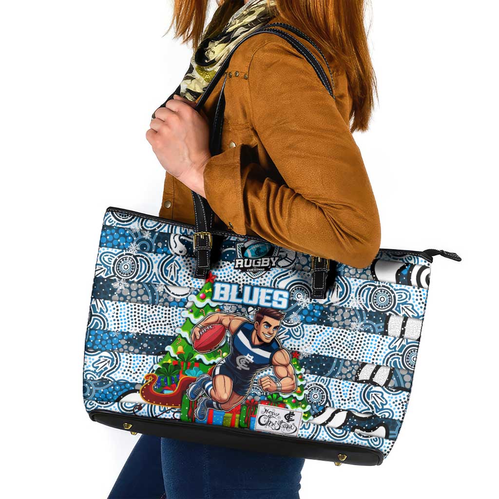 Blues Football Merry Christmas Leather Tote Bag Indigenous Australian Art