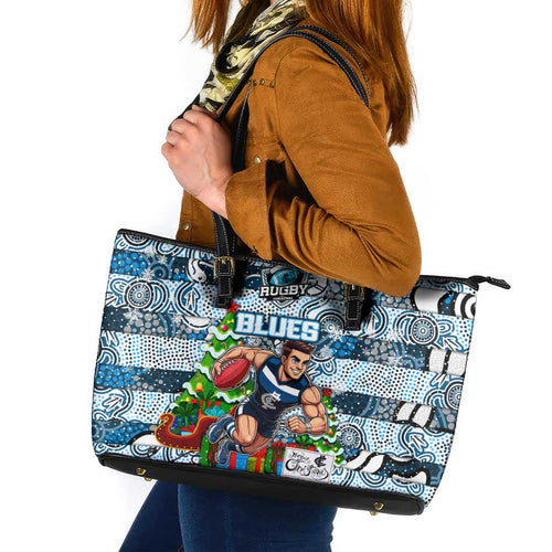 Blues Football Merry Christmas Leather Tote Bag Indigenous Australian Art