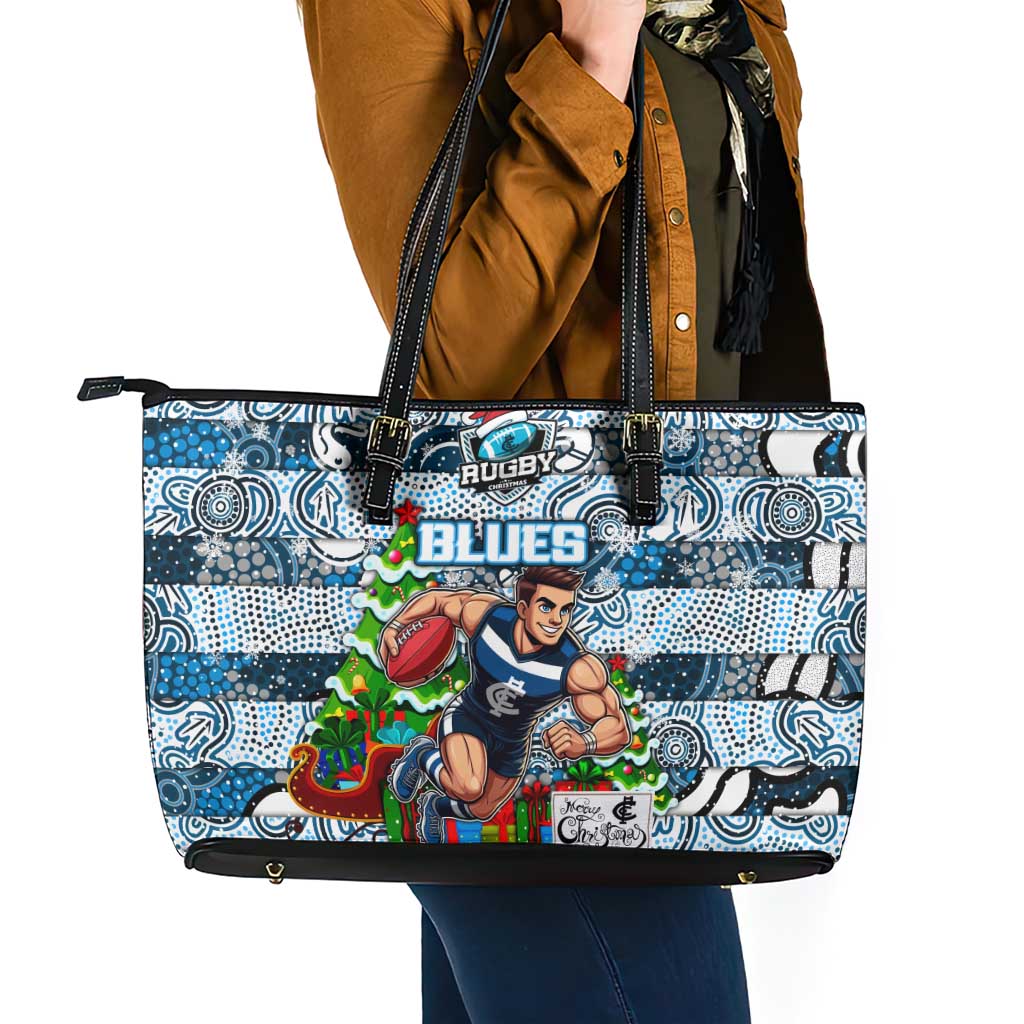 Blues Football Merry Christmas Leather Tote Bag Indigenous Australian Art