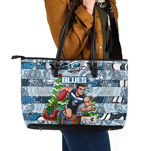 Blues Football Merry Christmas Leather Tote Bag Indigenous Australian Art