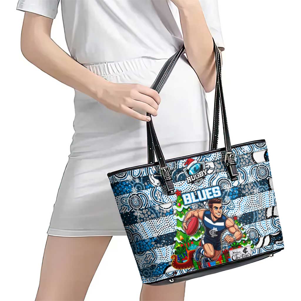 Blues Football Merry Christmas Leather Tote Bag Indigenous Australian Art