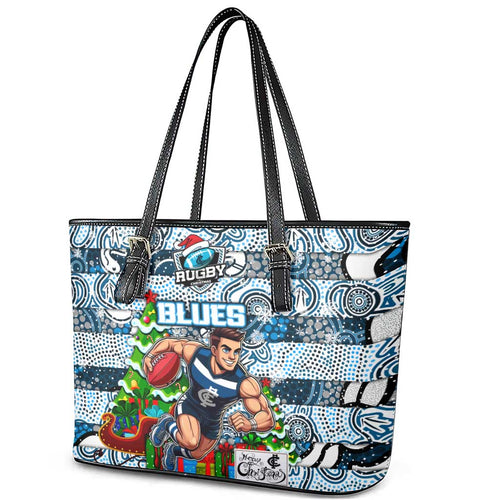 Blues Football Merry Christmas Leather Tote Bag Indigenous Australian Art