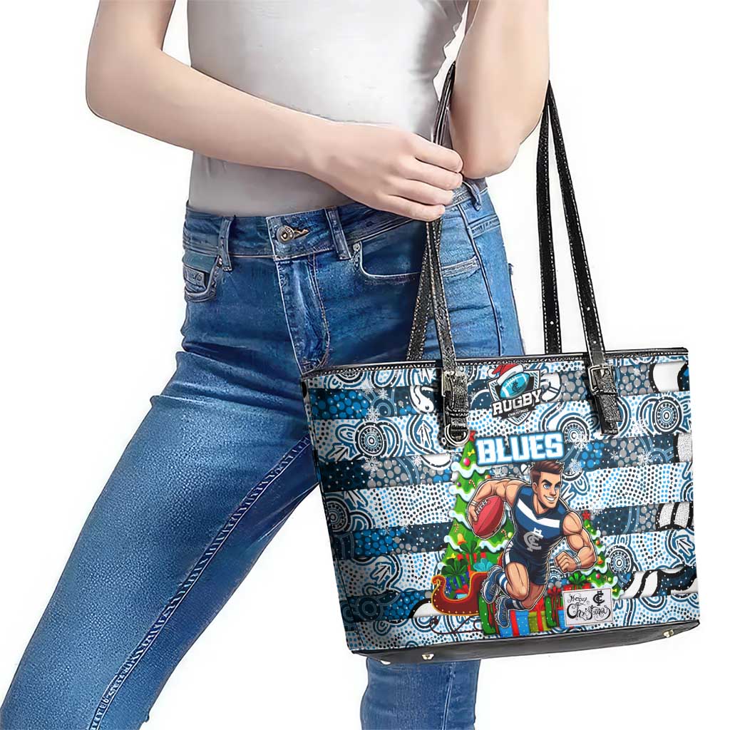 Blues Football Merry Christmas Leather Tote Bag Indigenous Australian Art