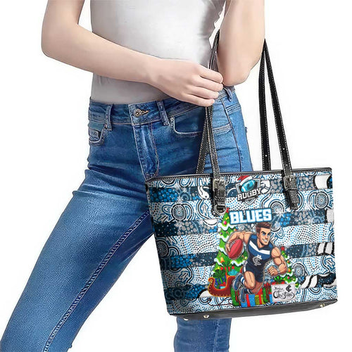 Blues Football Merry Christmas Leather Tote Bag Indigenous Australian Art