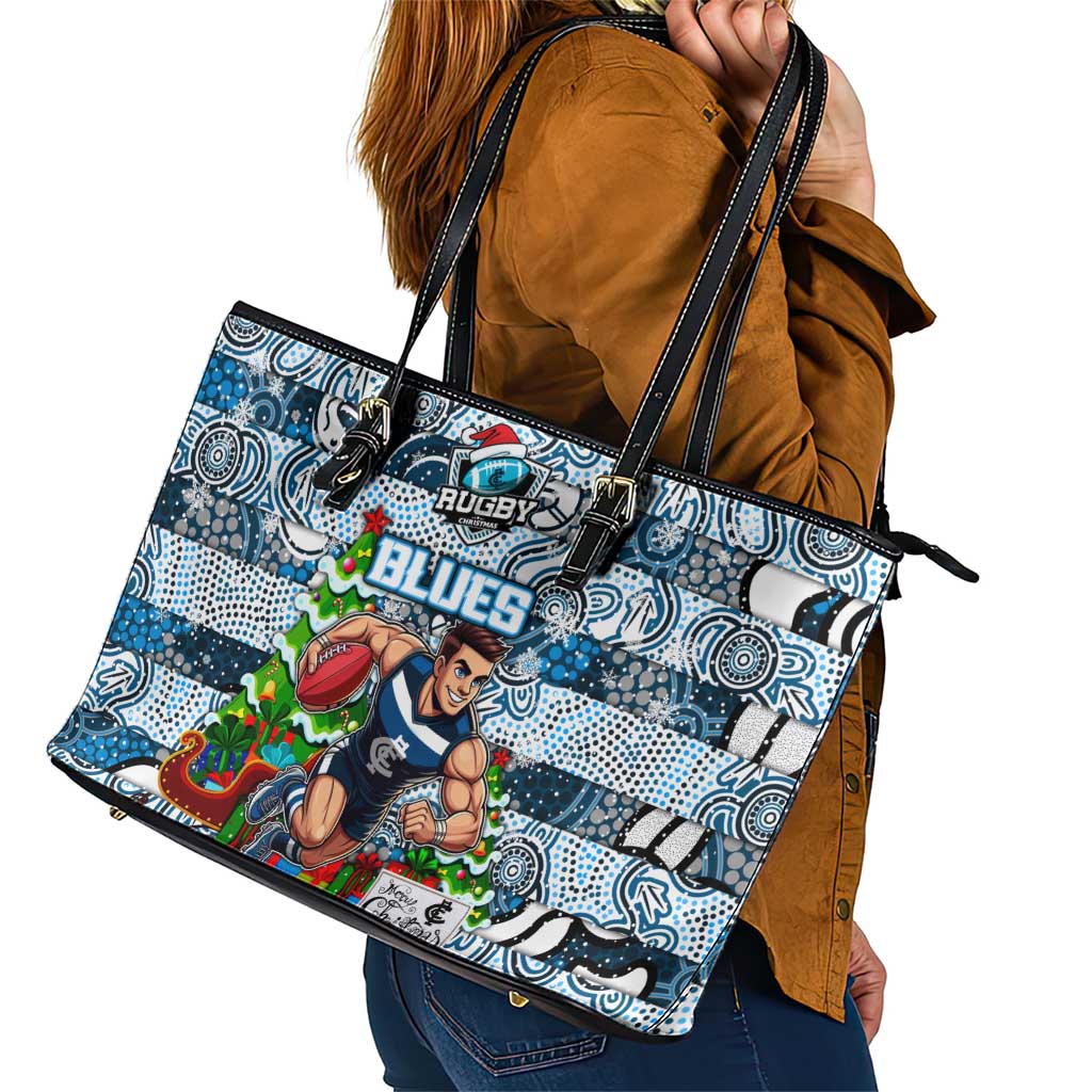 Blues Football Merry Christmas Leather Tote Bag Indigenous Australian Art