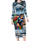 Custom Blues Rugby Merry Christmas Long Sleeve Bodycon Dress Indigenous Australian Art