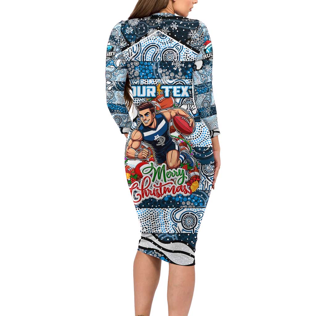 Custom Blues Rugby Merry Christmas Long Sleeve Bodycon Dress Indigenous Australian Art