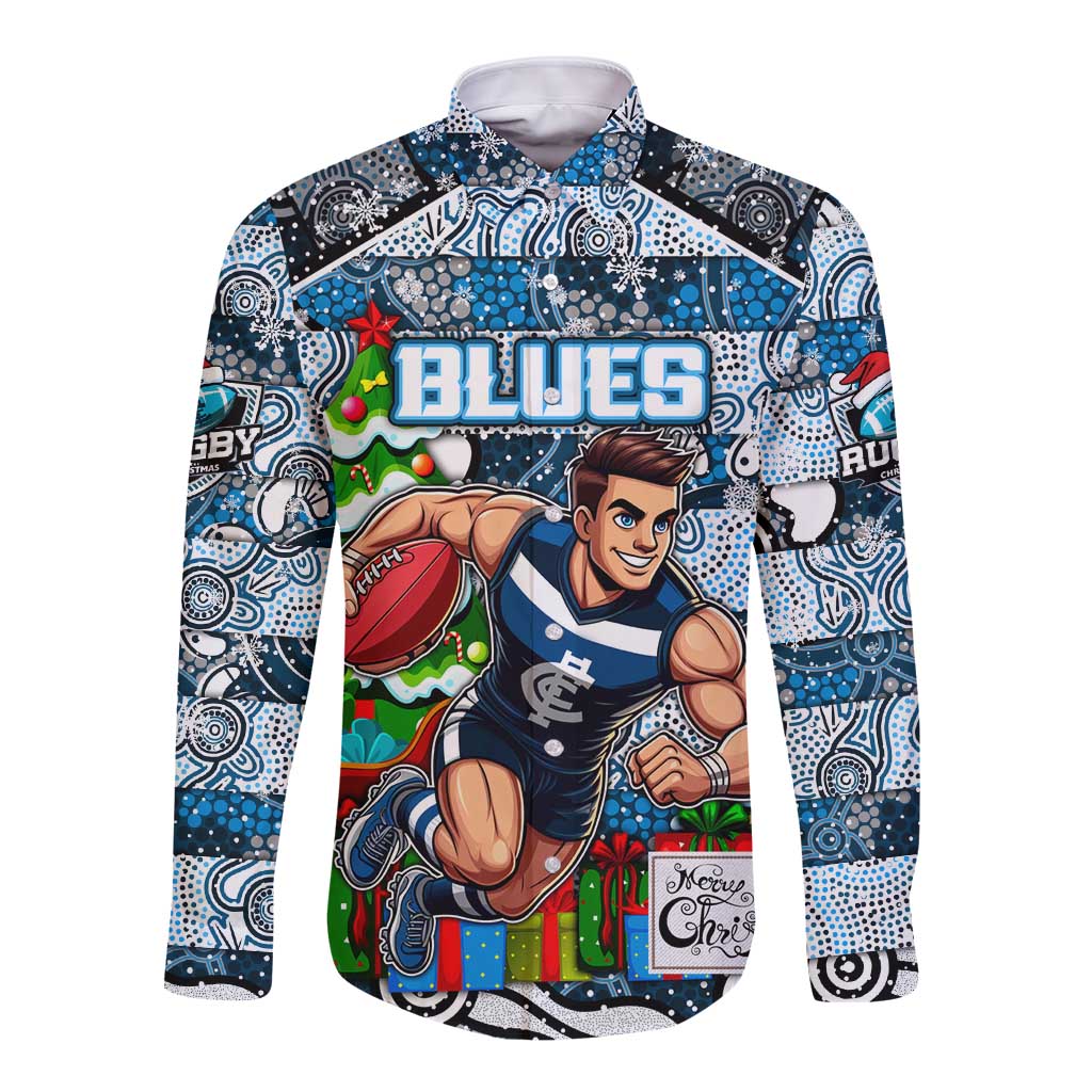 Custom Blues Rugby Merry Christmas Long Sleeve Button Shirt Indigenous Australian Art