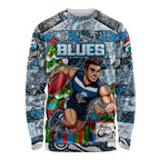 Custom Blues Rugby Merry Christmas Long Sleeve Shirt Indigenous Australian Art