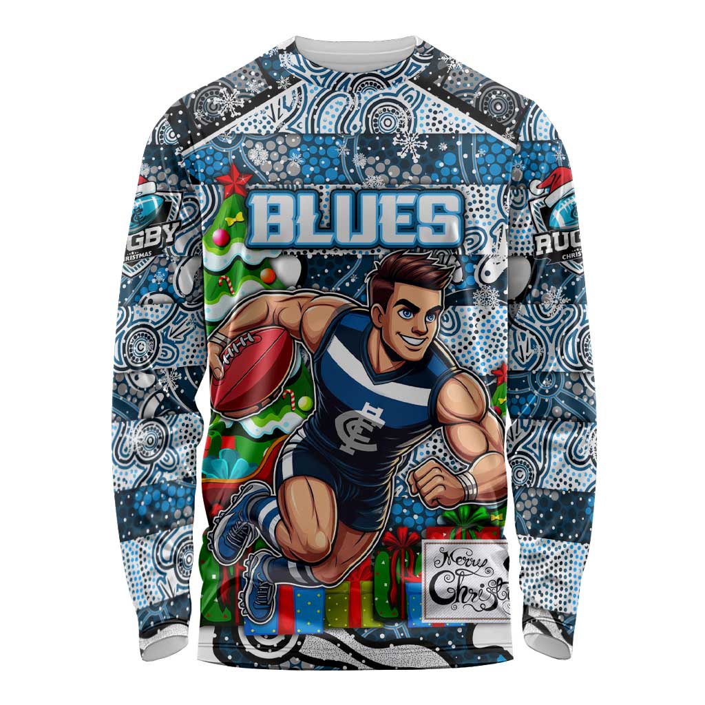 Custom Blues Rugby Merry Christmas Long Sleeve Shirt Indigenous Australian Art