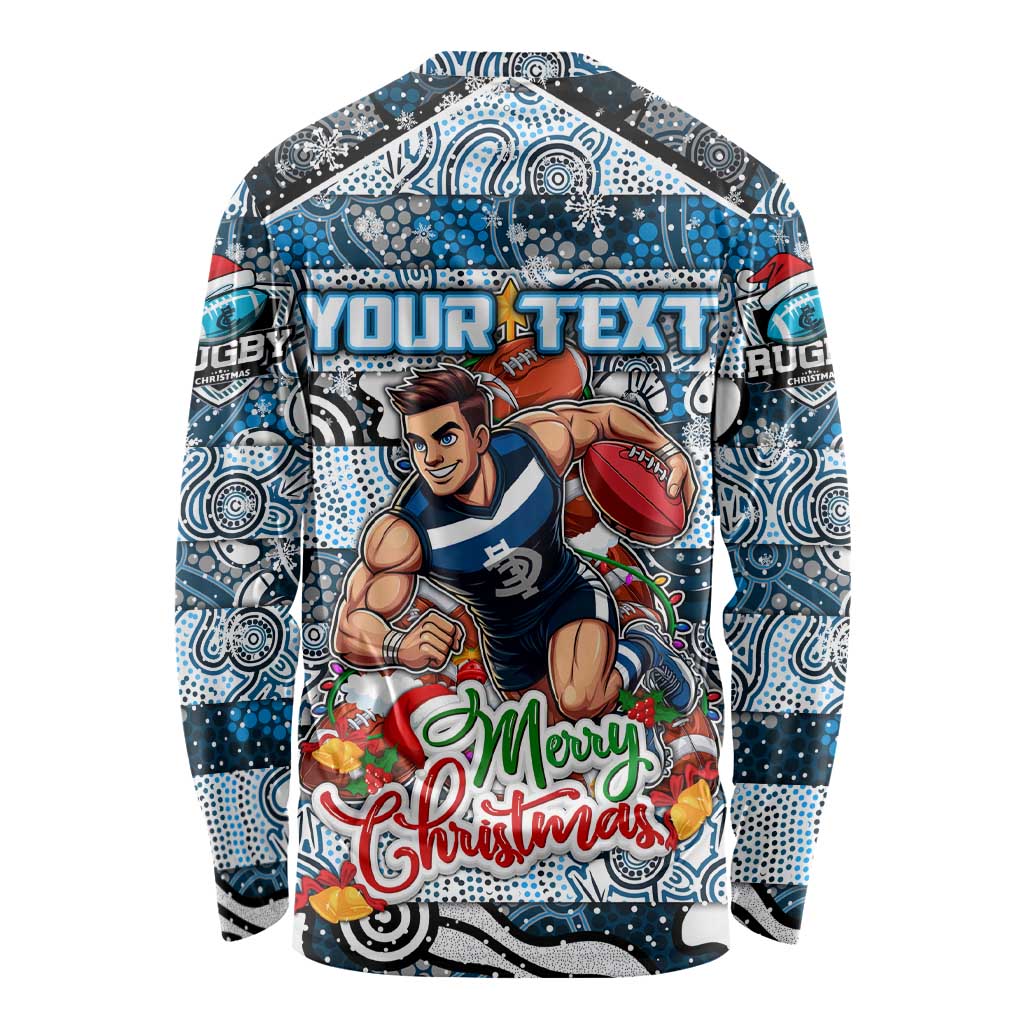 Custom Blues Rugby Merry Christmas Long Sleeve Shirt Indigenous Australian Art