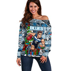 Custom Blues Rugby Merry Christmas Off Shoulder Sweater Indigenous Australian Art