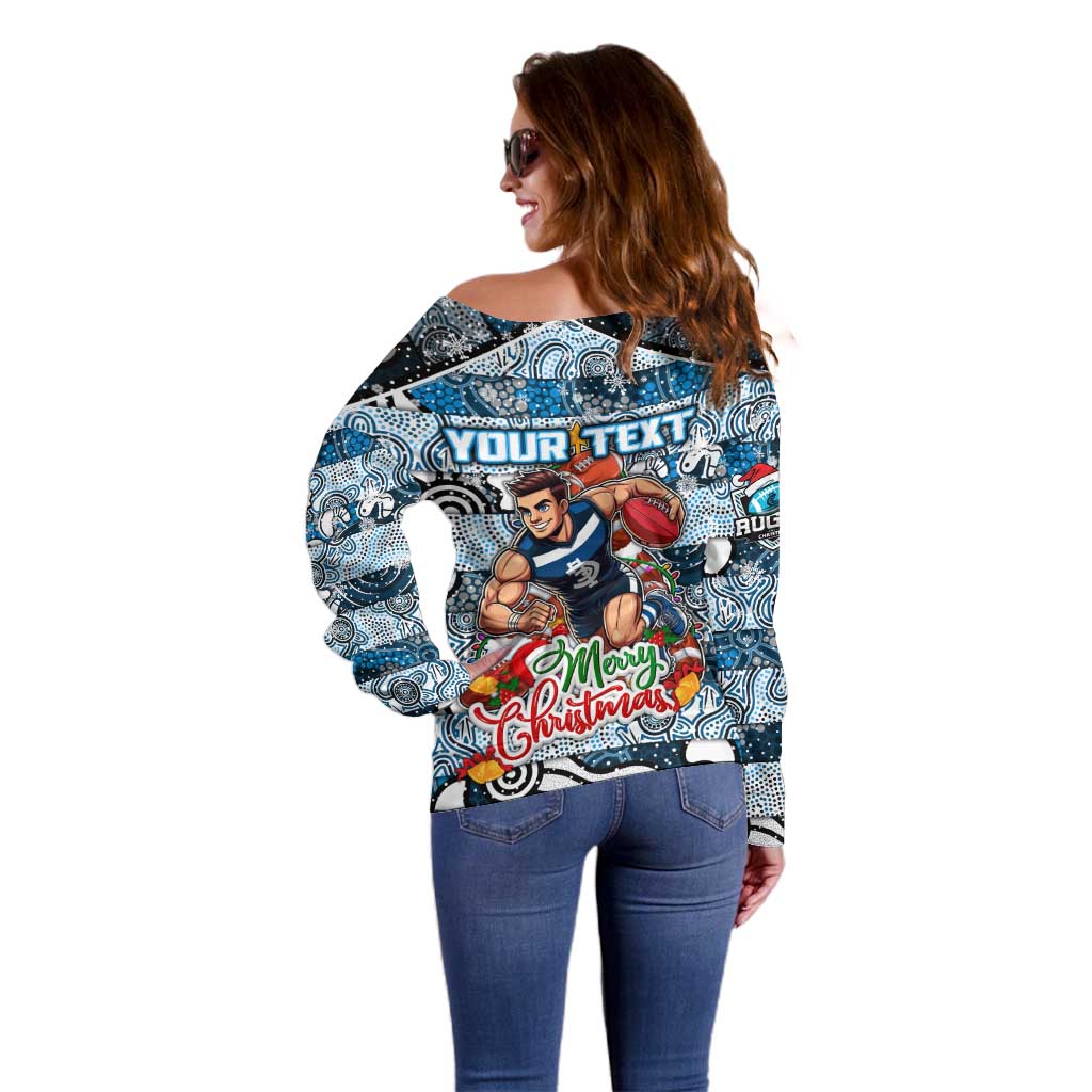 Custom Blues Rugby Merry Christmas Off Shoulder Sweater Indigenous Australian Art