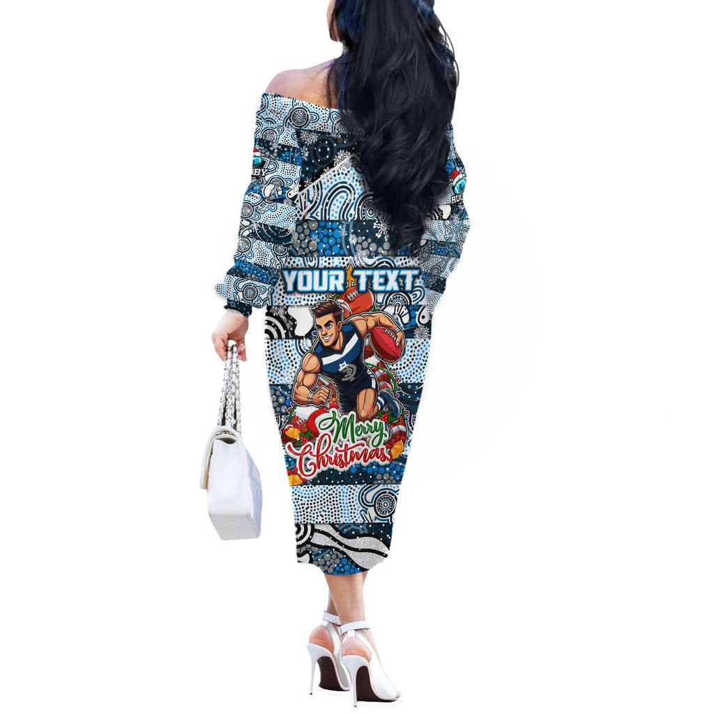 Custom Blues Rugby Merry Christmas Off The Shoulder Long Sleeve Dress Indigenous Australian Art
