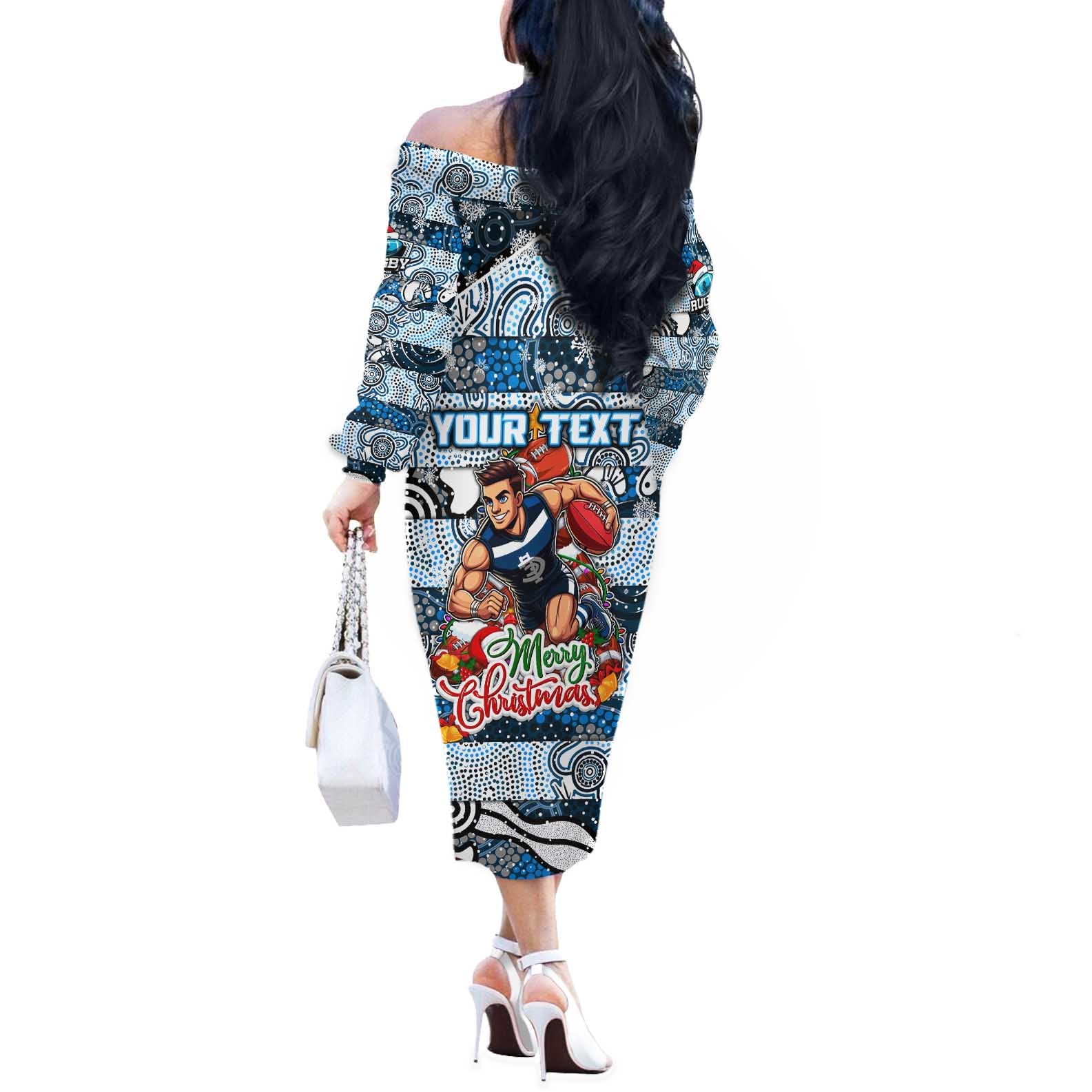 Custom Blues Rugby Merry Christmas Off The Shoulder Long Sleeve Dress Indigenous Australian Art