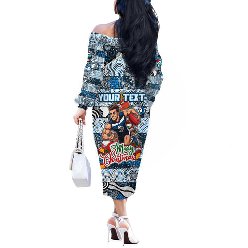 Custom Blues Rugby Merry Christmas Off The Shoulder Long Sleeve Dress Indigenous Australian Art