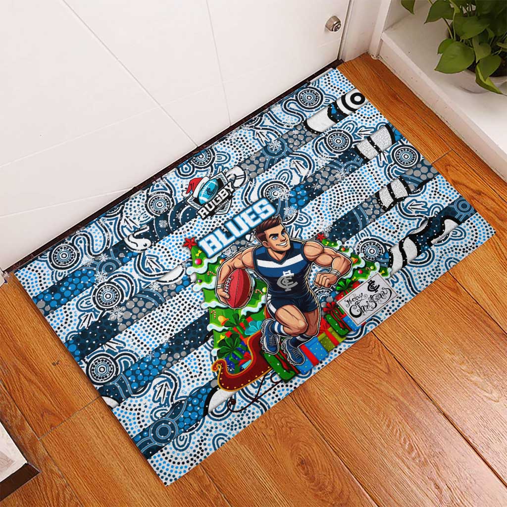 Blues Football Merry Christmas Rubber Doormat Indigenous Australian Art