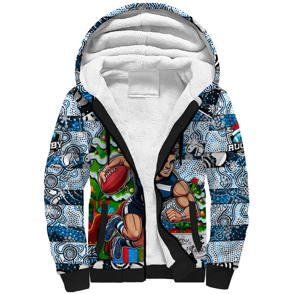 Custom Blues Rugby Merry Christmas Sherpa Hoodie Indigenous Australian Art