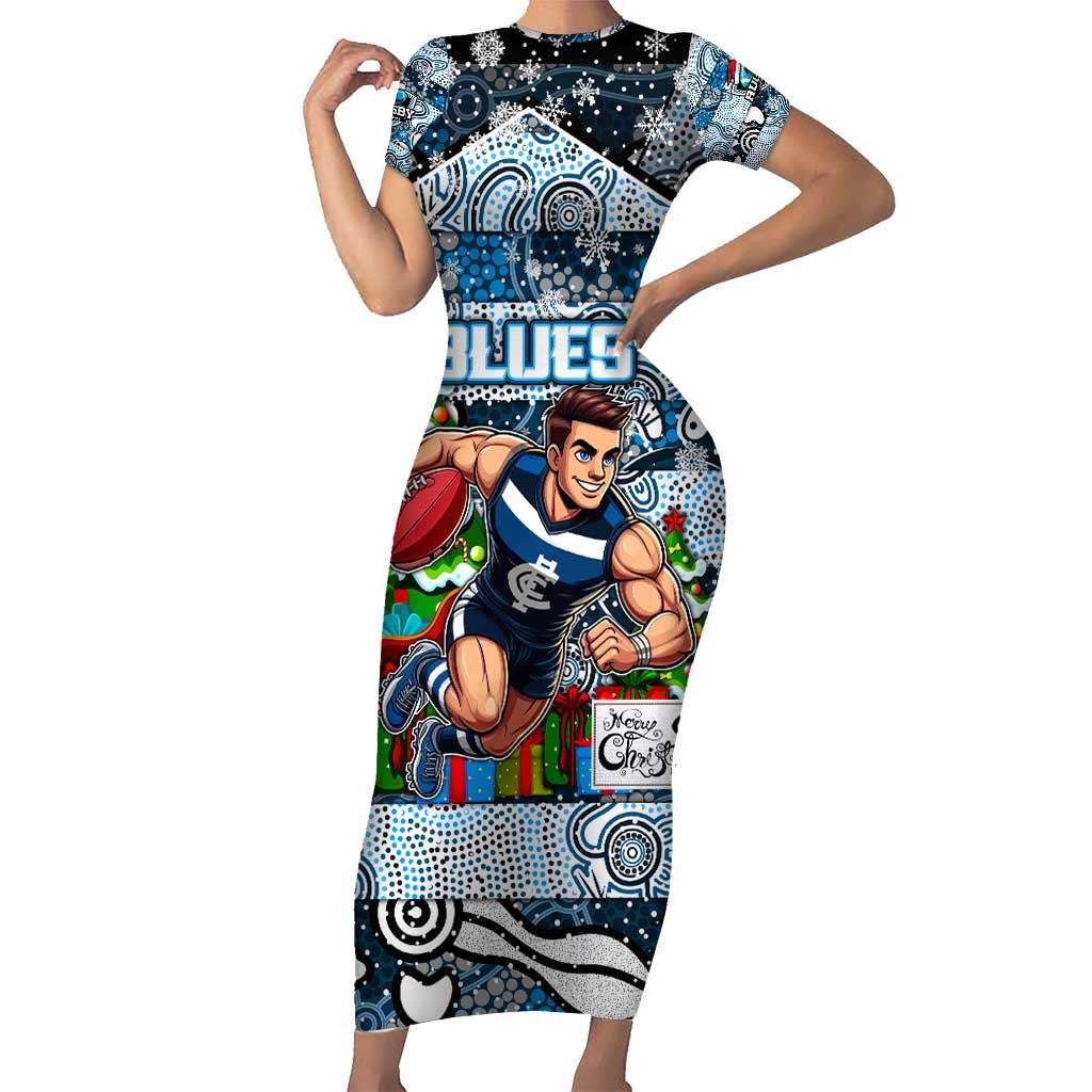 Custom Blues Rugby Merry Christmas Short Sleeve Bodycon Dress Indigenous Australian Art