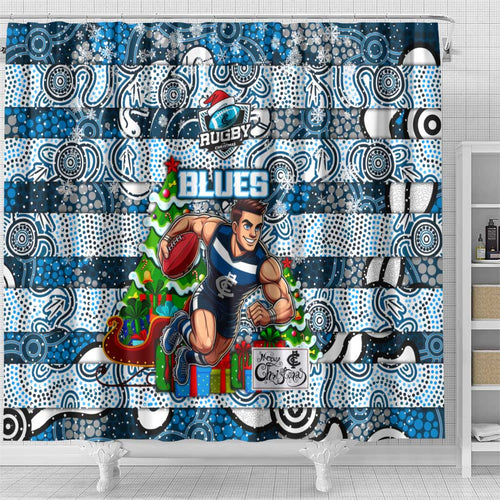 Blues Football Merry Christmas Shower Curtain Indigenous Australian Art