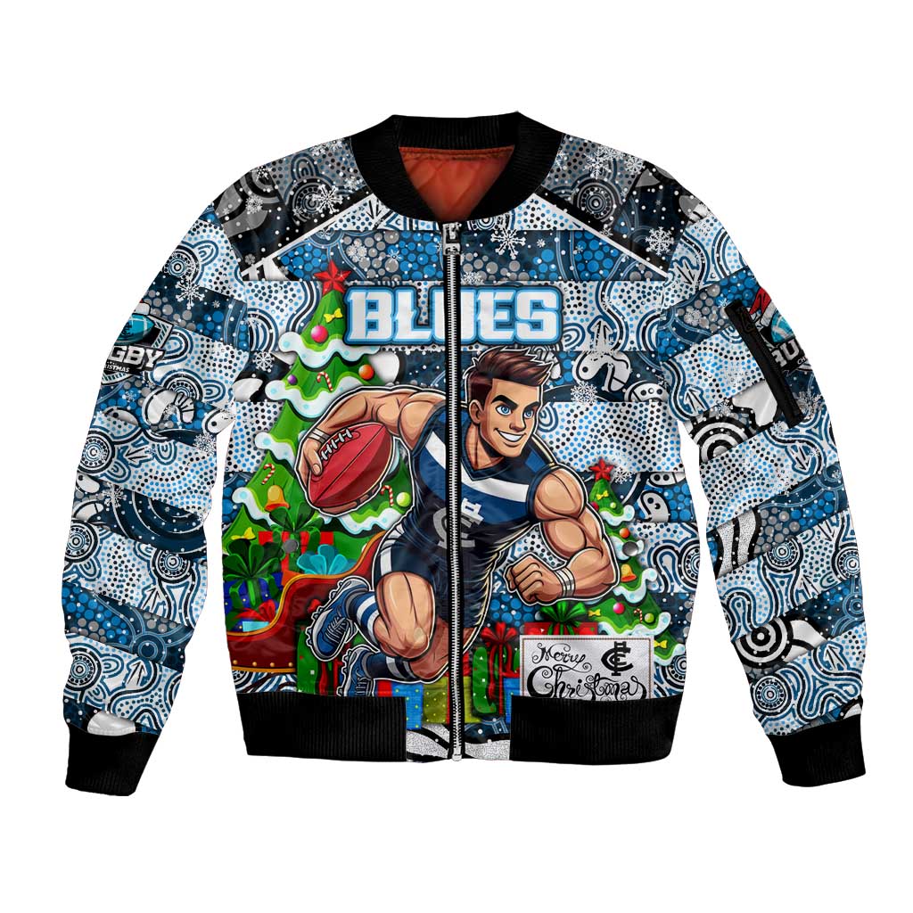 Custom Blues Rugby Merry Christmas Sleeve Zip Bomber Jacket Indigenous Australian Art