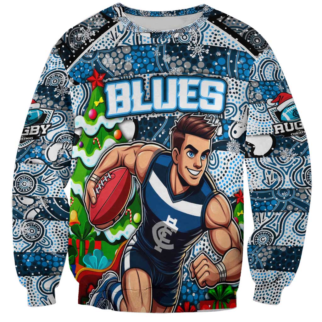 Custom Blues Rugby Merry Christmas Sweatshirt Indigenous Australian Art