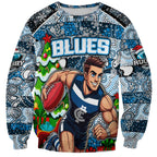 Custom Blues Rugby Merry Christmas Sweatshirt Indigenous Australian Art