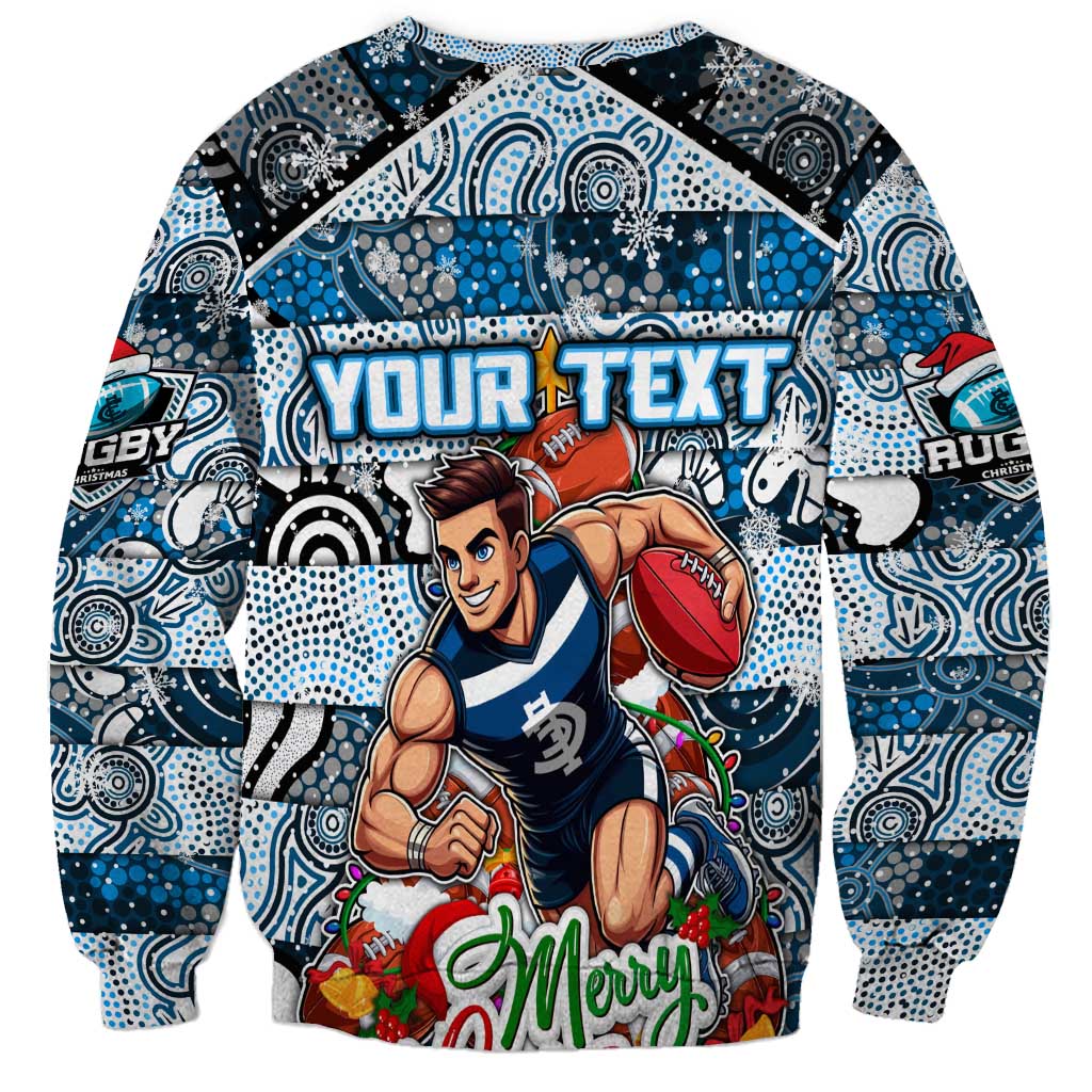 Custom Blues Rugby Merry Christmas Sweatshirt Indigenous Australian Art